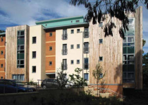 modern block of housing with large timber clad walls
