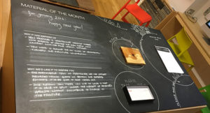 Yew panel on a blackboard table top with text