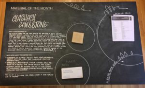 sandstone block on a blackboard table top with text