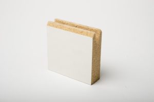 square of wood fibre insulation with a coated front
