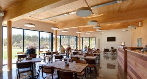 inside a timber constructed cafe with chairs and tables, people eating and large windows with a view to woodland