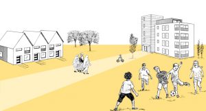 cartoon of children playing football with families walking in the background and modern buildings