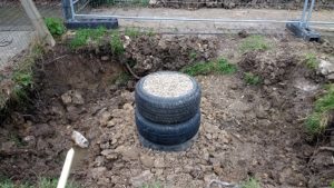 tyres filled with hardcore to create a concrete free foundation